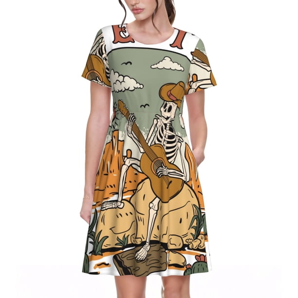 Easygdp Skeleton Cowboy And Guitar para Vestido Transpirable de Mujer, Vestido Suelto de Manga Corta con Pliegues y Bolsillos para el Verano