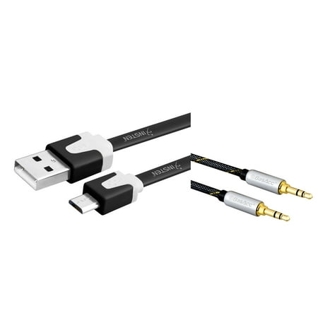 Audio Sync Cable - Insten Black 3' 2in1 Micro USB Flat Data Sync Cable For Android Smartphones Universal (with 3.5mm Audio Extension Cable) (2-in-1 Accessory Bundle)
