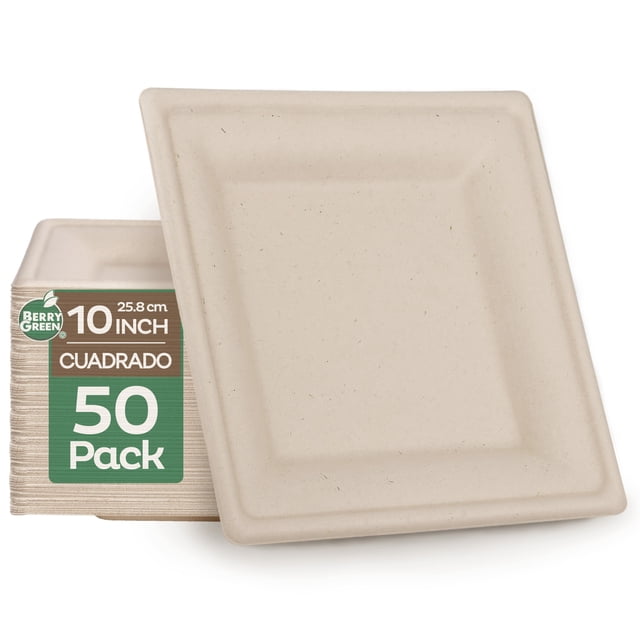 50 Platos Cuadrados Ecologicos 26 cm / 10 x 10 Pulgadas Color Café Berry Green PLC10N