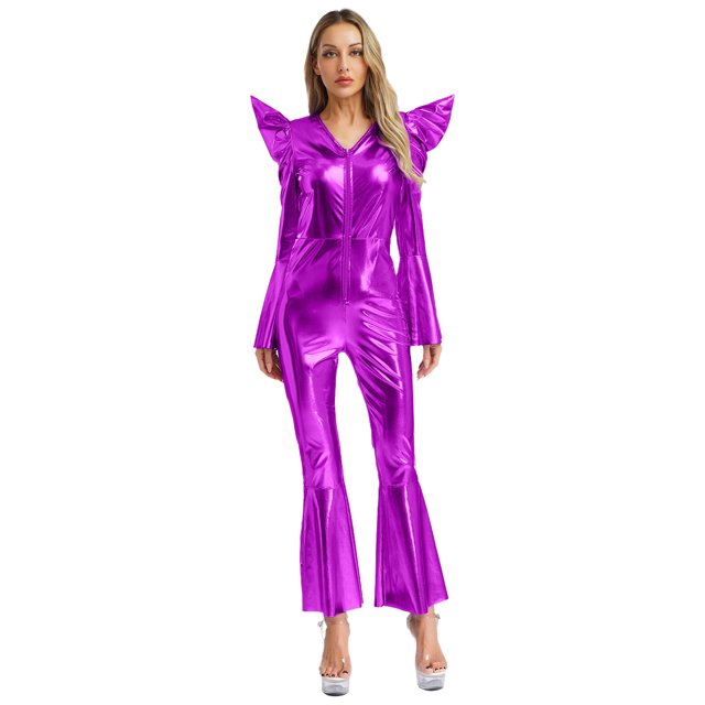 Moggemol Womens 70s Rave Outfits Shiny Metallic Bell Bottom Alien Jumpsuit Purple M