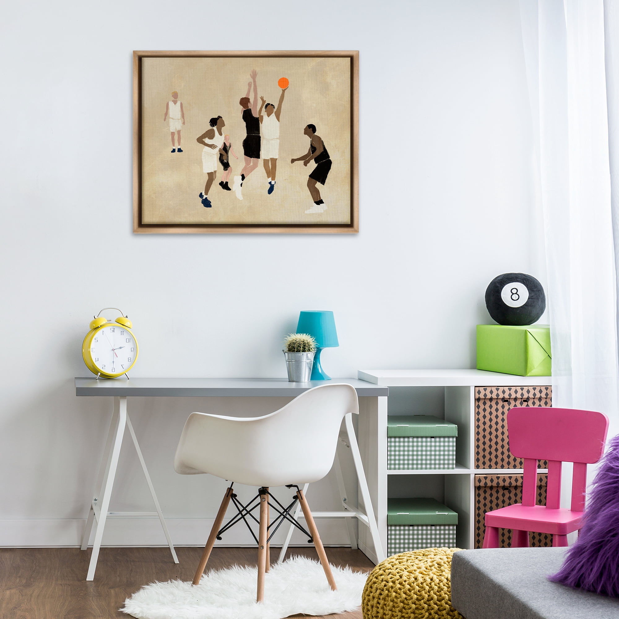 Stupell Industries Athletes Playing Basketball Sports Painting Brown Floater Framed Canvas Art Print Wall Art, 31 x 25