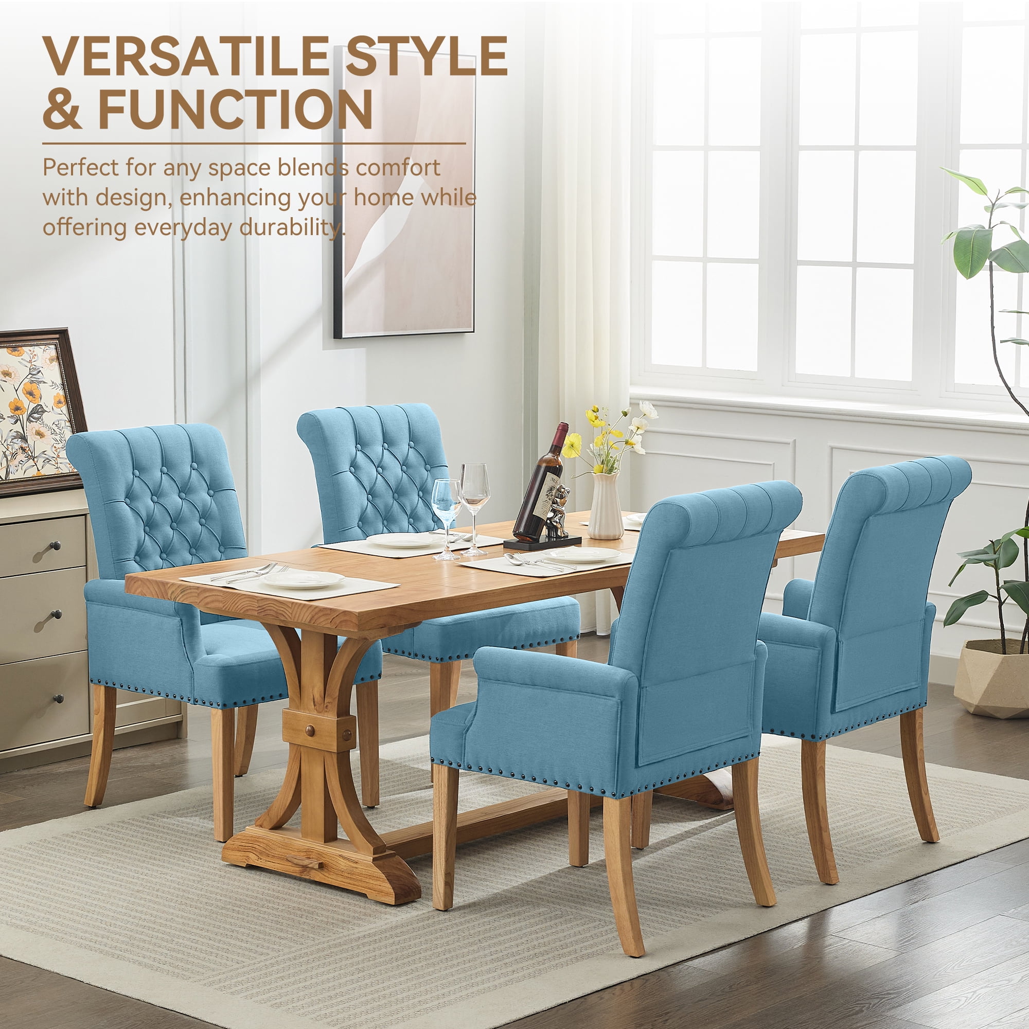 Fabric Upholstered Dining Chair with Arms, Tufted High Back Accent Coffee Armchair for Kitchen Dining Room Living Room, Blue