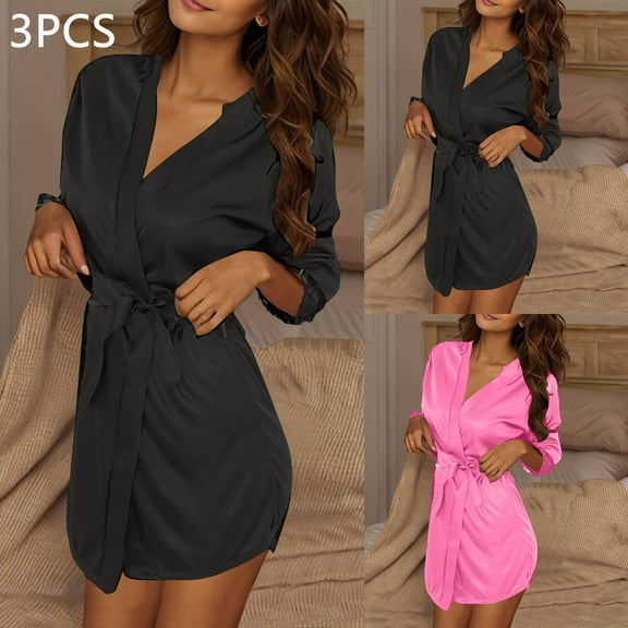 Voncos Women's Satin Robe Set 3-Piece - V Neck Long Sleeve Self-Tie Waist Sleep Dress Stretch Loungewear for Bridesmaids Pink S-M