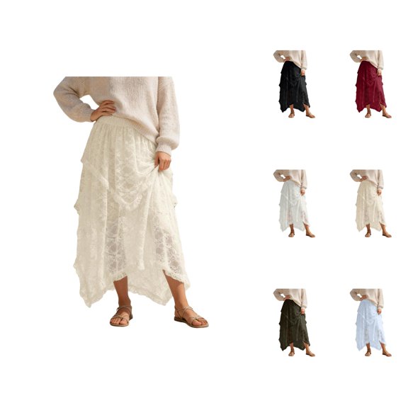 Lace Midi Skirts for Women Boho Lace Asymmetrical Hem Flowy Skirt Summer Beach Cover Up