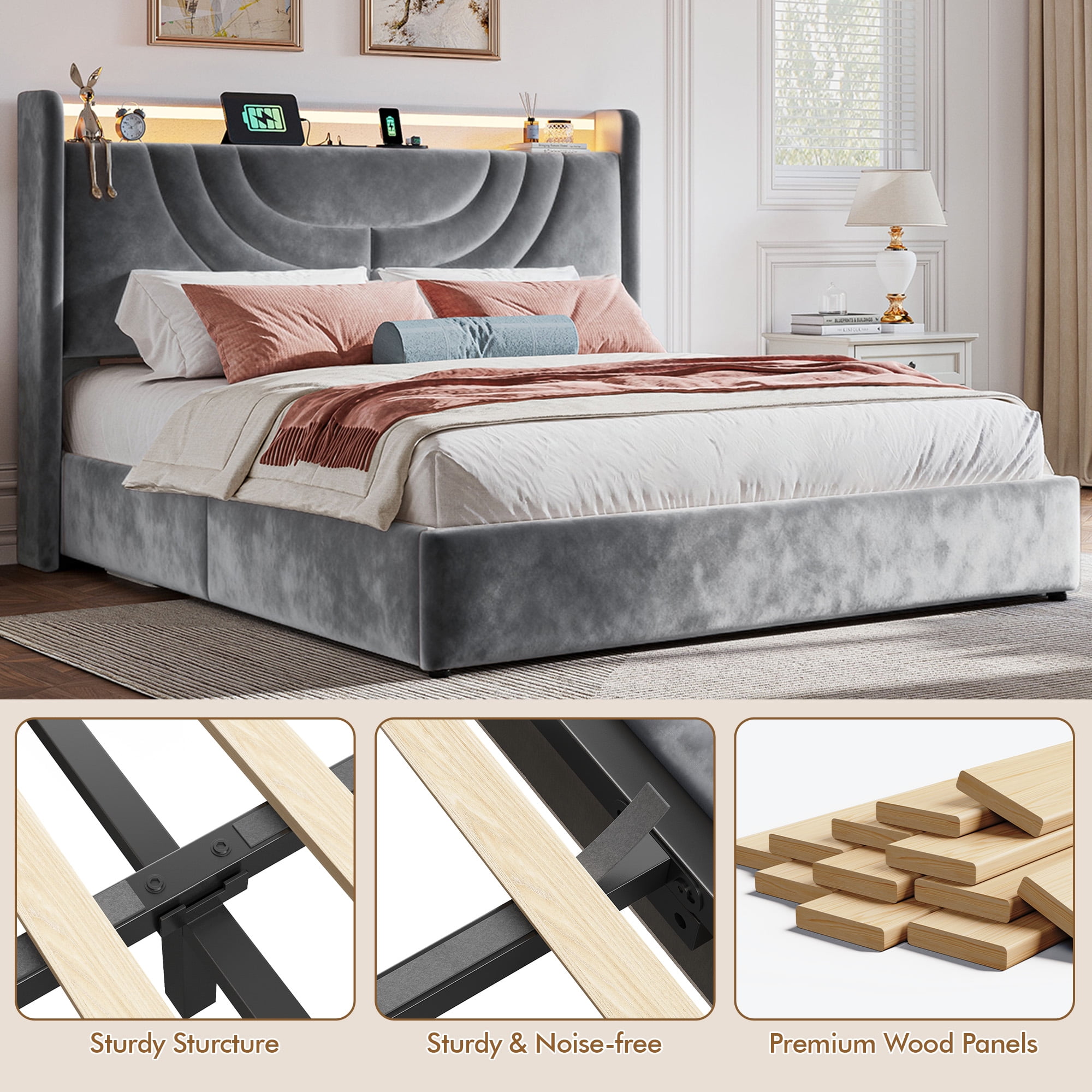 EnHomee Queen Size Lift up Hydraulic Platform Storage Bed Frame with LED Light &Charge Station,Gray
