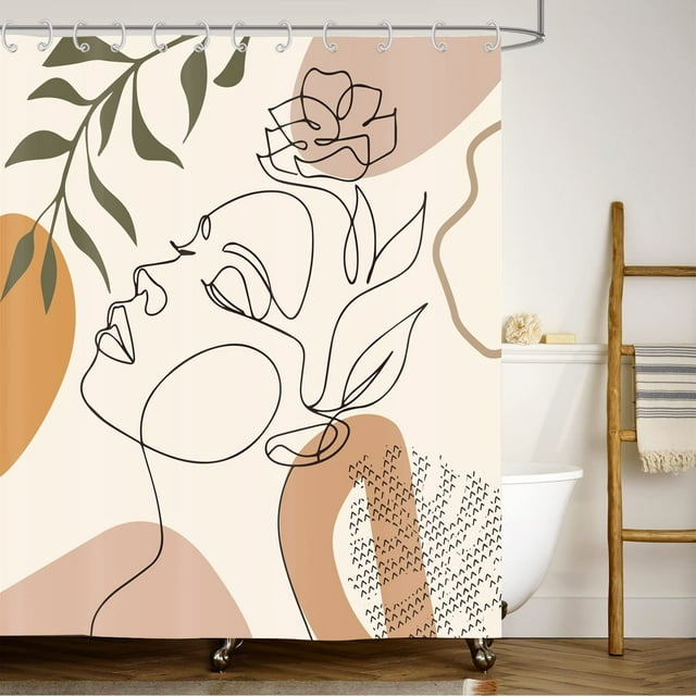 Cortina de ducha bohemia de 90 x 180 cm, moderna cortina de ducha de tela impermeable para bañera con cara de niña bohemia de arte abstracto beige, lavable, para ella