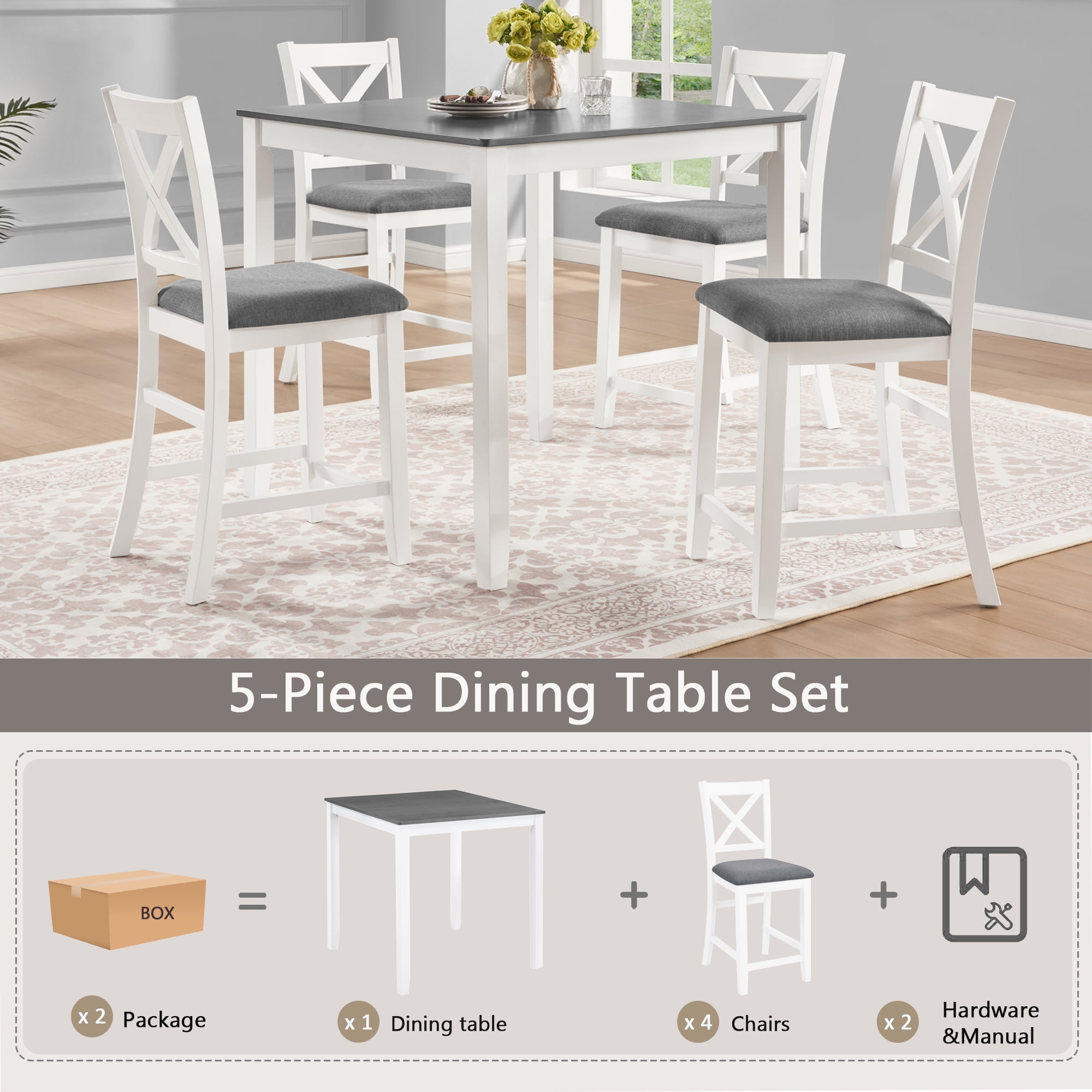BSHTI 5-Piece Counter Height Dining Table Set – 34.5" Kitchen Square Table with 4 Chairs, X-Back Design, Linen Upholstery 4 Chair Dining Table Set, Solid Wood Frame（Grey+White）