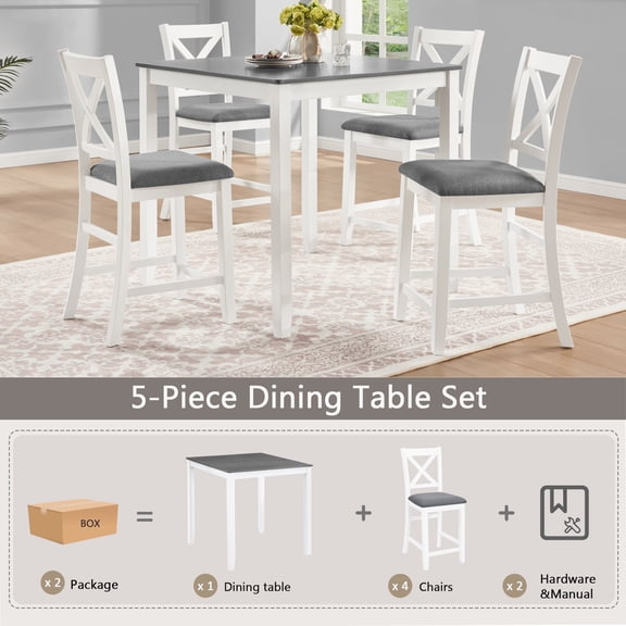 5-Piece Counter Height Dining Table Set with 4 Chairs, Classic Wooden Dining Table Set for 4, Modern and Simple Design 4-Person Dining Table Set for S