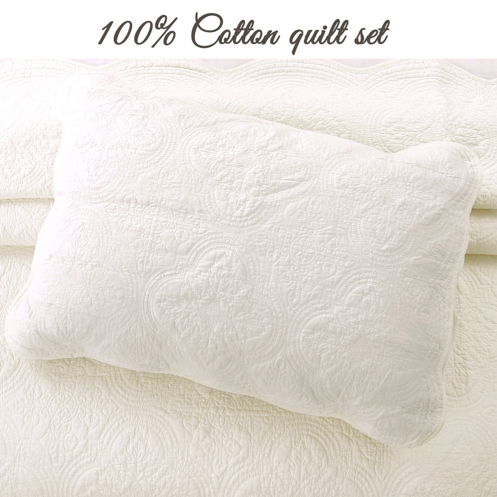 Cozy Line Victorian Medallion Matelasse Scalloped Edge 100% Cotton 2-Piece Twin Quilt Set, Ivory