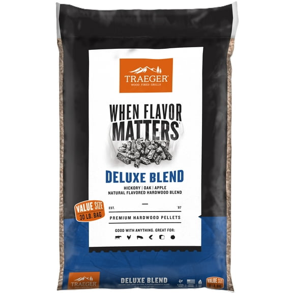 (3 pack) Traeger Pellet Grills Deluxe Blend Wood Pellets, 30 lbs. Hickory, Oak, Apple Flavored Hardwood Blend.