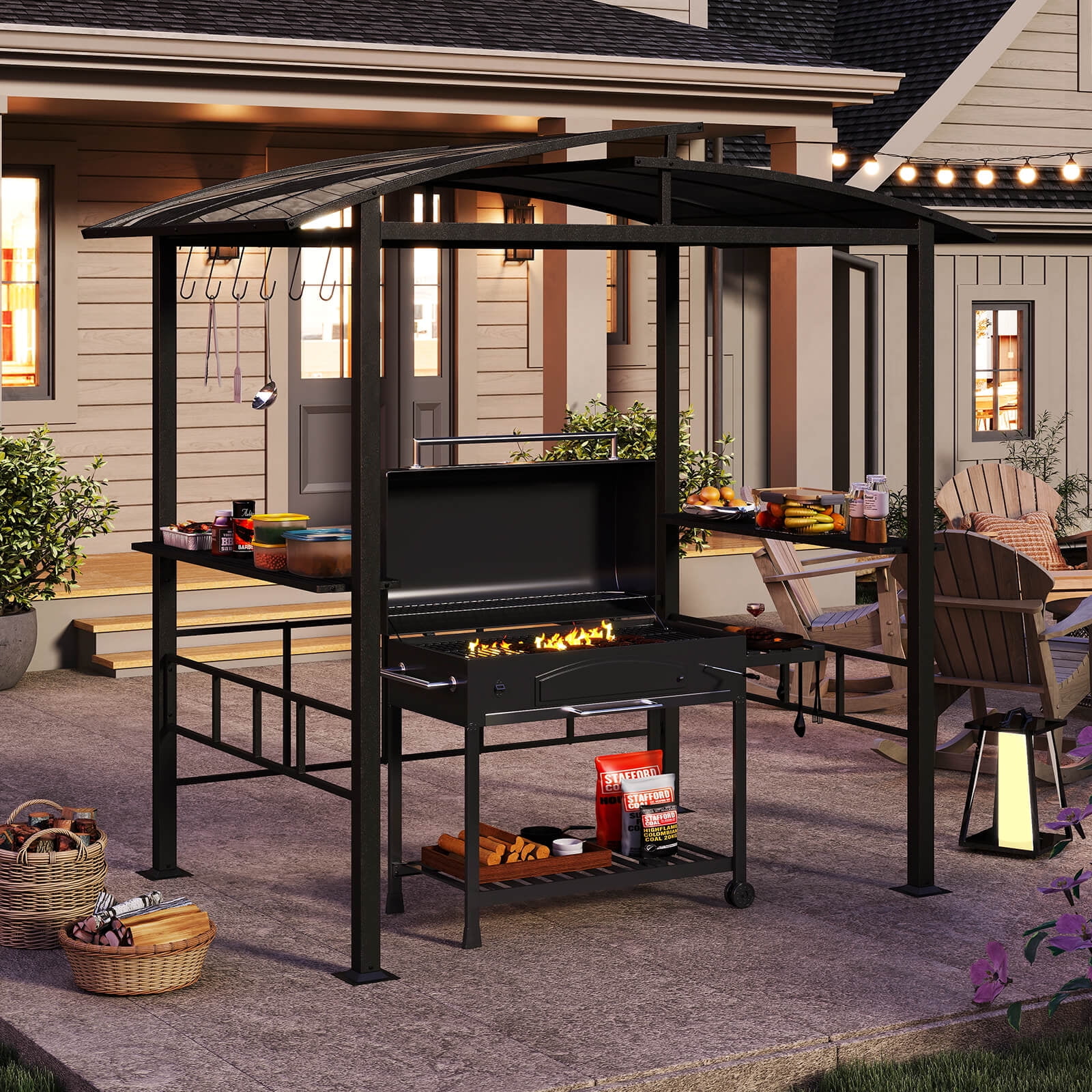 Costway 8' X 5' Hardtop Grill Gazebo with  Vented Polycarbonate Roof Side Shelves Hooks