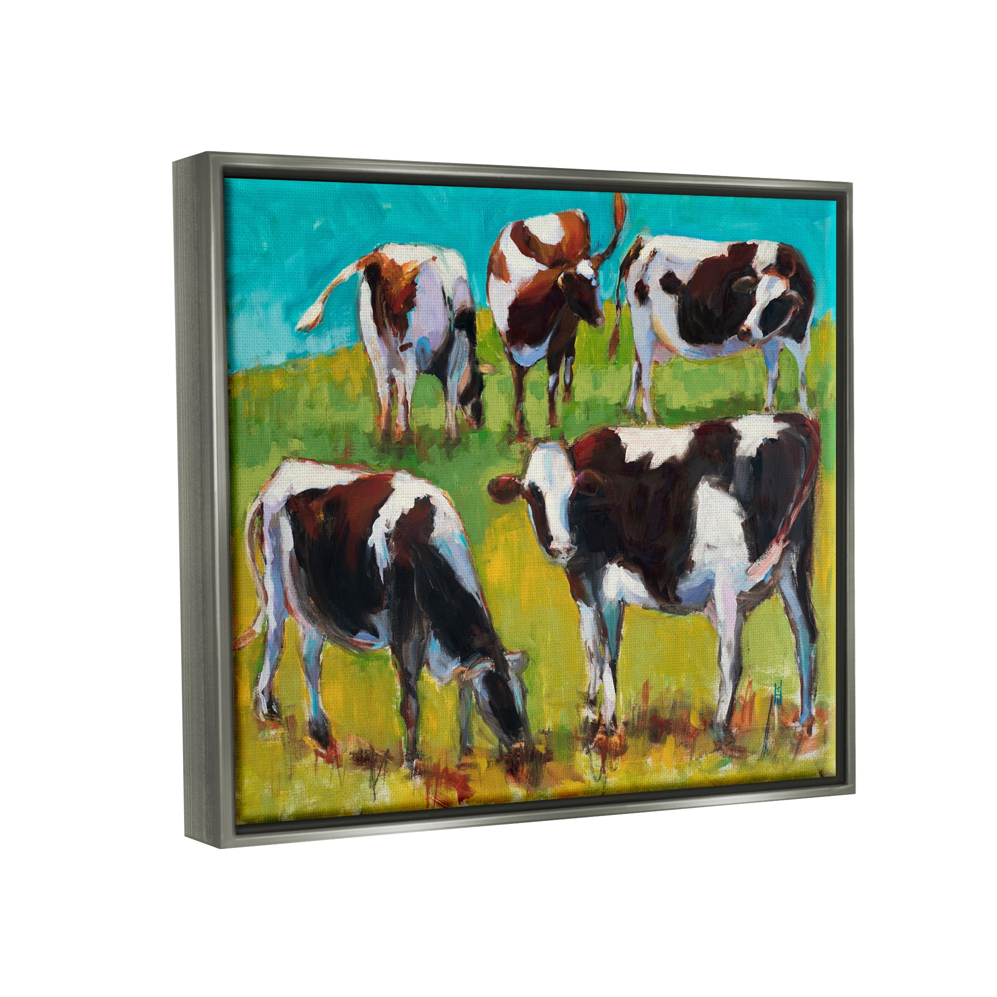 Stupell Industries Cows Grazing Modern Painting Animals & Insects Painting Gray Floater Framed Art Print Wall Art, 31 x 25