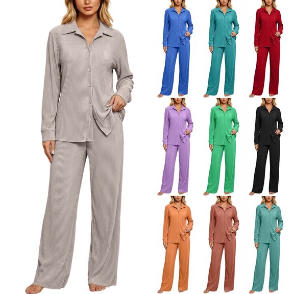 Ashirexll Womens 2 Piece Outfits Lapel Button Down Long Sleeve Loose Top with Matching Pants Casual Winter Set