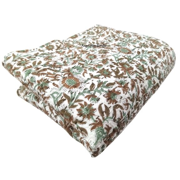 Elegant Floral Print Kantha Quilt, Soft Cotton Quilted Bedspread, Reversible Lightweight Bedding Throw.