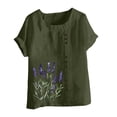 thumbnail image 4 of LEKWK Plus Size Womens Linen Blouse Lavender Flower Print Basic Tees Short Sleeve Cute Tops Side Button Crew Neck Garden Nature Outfits, 4 of 5