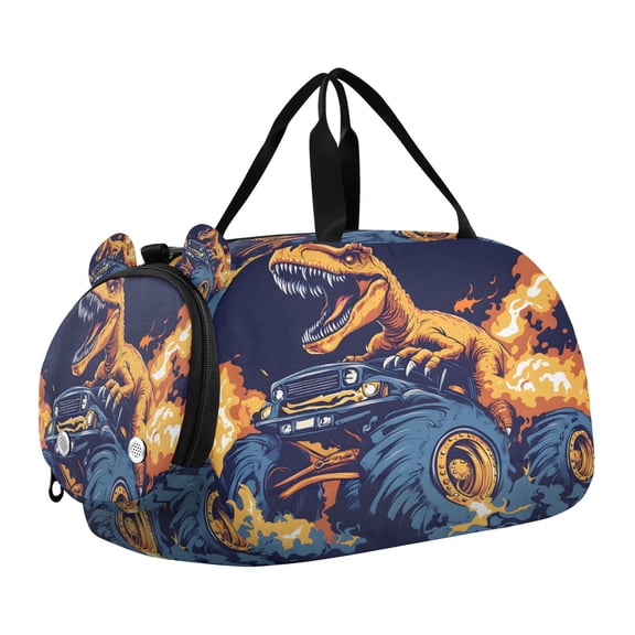 DIXRUYEE Cartoon Dinosaur Design Monster Truck Scale Duffel Bag With Ventilated Shoe Pocket & Adjustable Strap for Gym, Dance & Travel