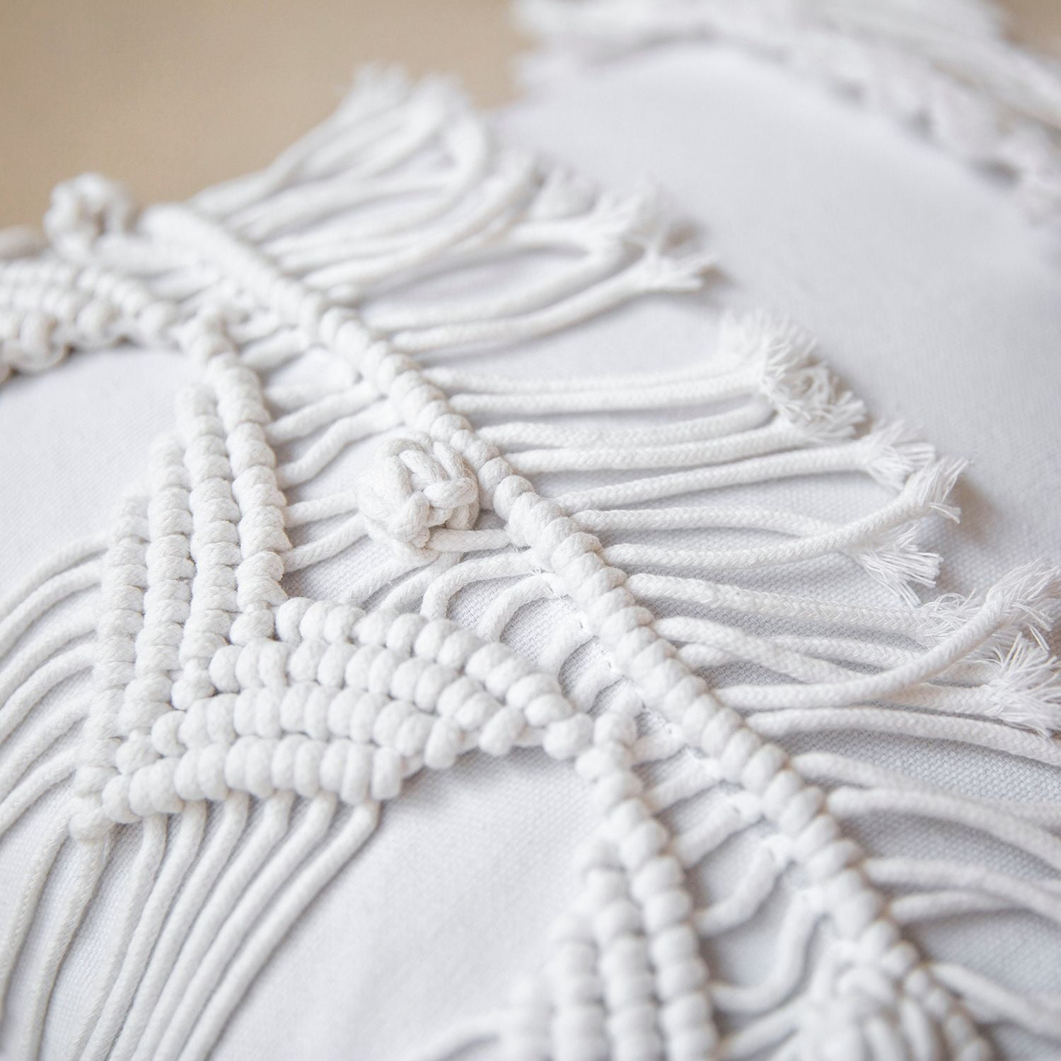 Phantoscope 100% Cotton Handmade Crochet Boho Throw Pillows with Tassels and Woven Knot Design, 18 x 18 in Square Cushions, Pure White, 2 Pack