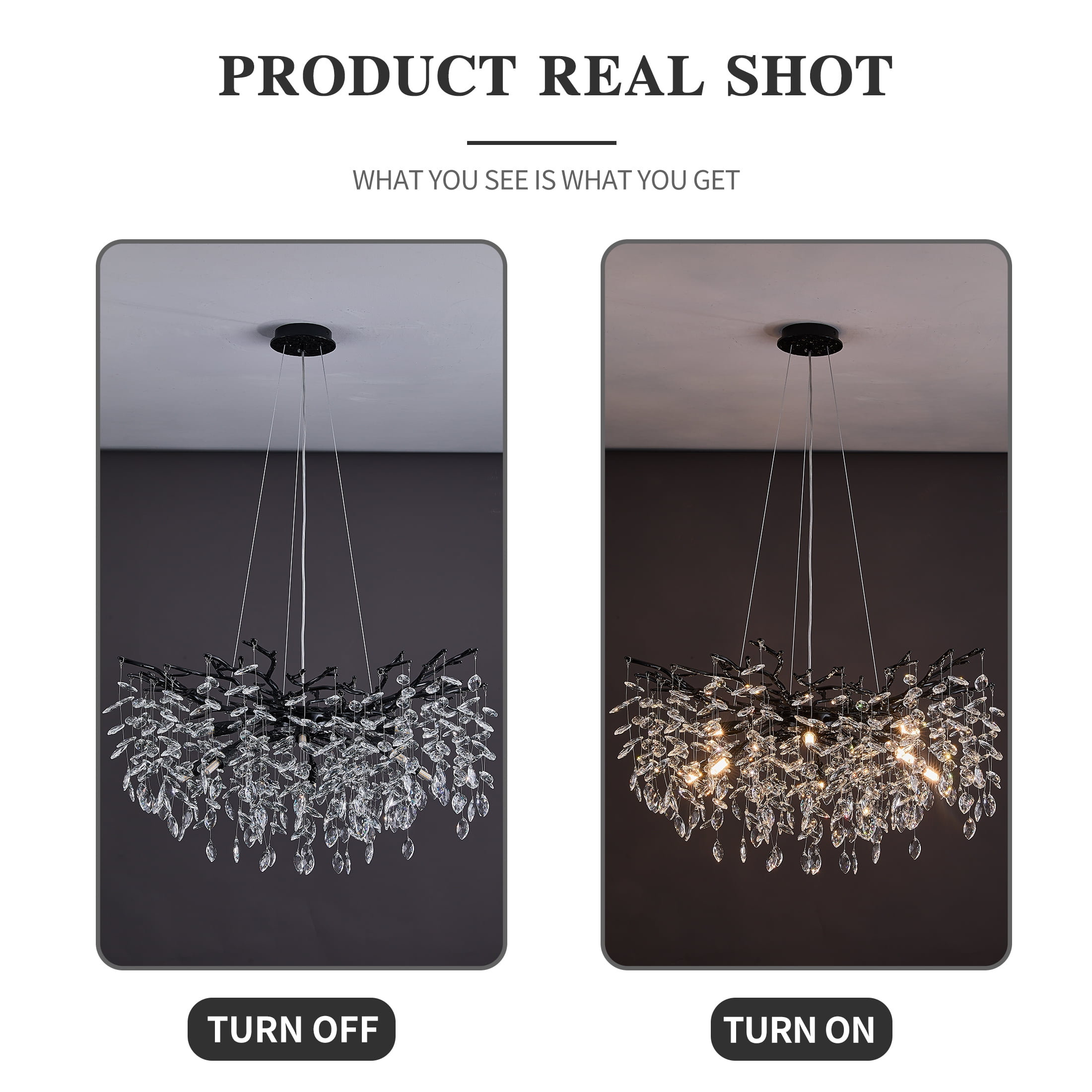 Modern Tree Branch Crystal Chandelier, Adjustable Height 20-78.7 Inches, Luxury Black Metal & Sparkling Crystal Lighting Fixture for Dining Room, Living Room, Bedroom