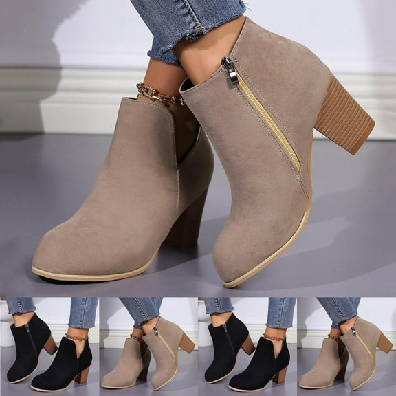 LOVZFMLL Boots for Women Ankle Chelsea Boots Side Zipper Round Toe Slip Resistant Mid Block Heel Leather Fall Winter Fashion