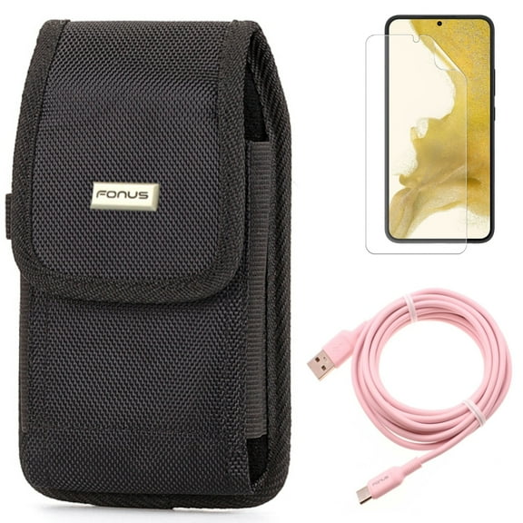 Case Belt Clip & 10ft Long USB-C Cable & Matte Screen Protector for Samsung Galaxy S22 (6.1") - Rugged Holster & Pink Charger Cord & TPU Film Anti-Glare Accessory Bundle