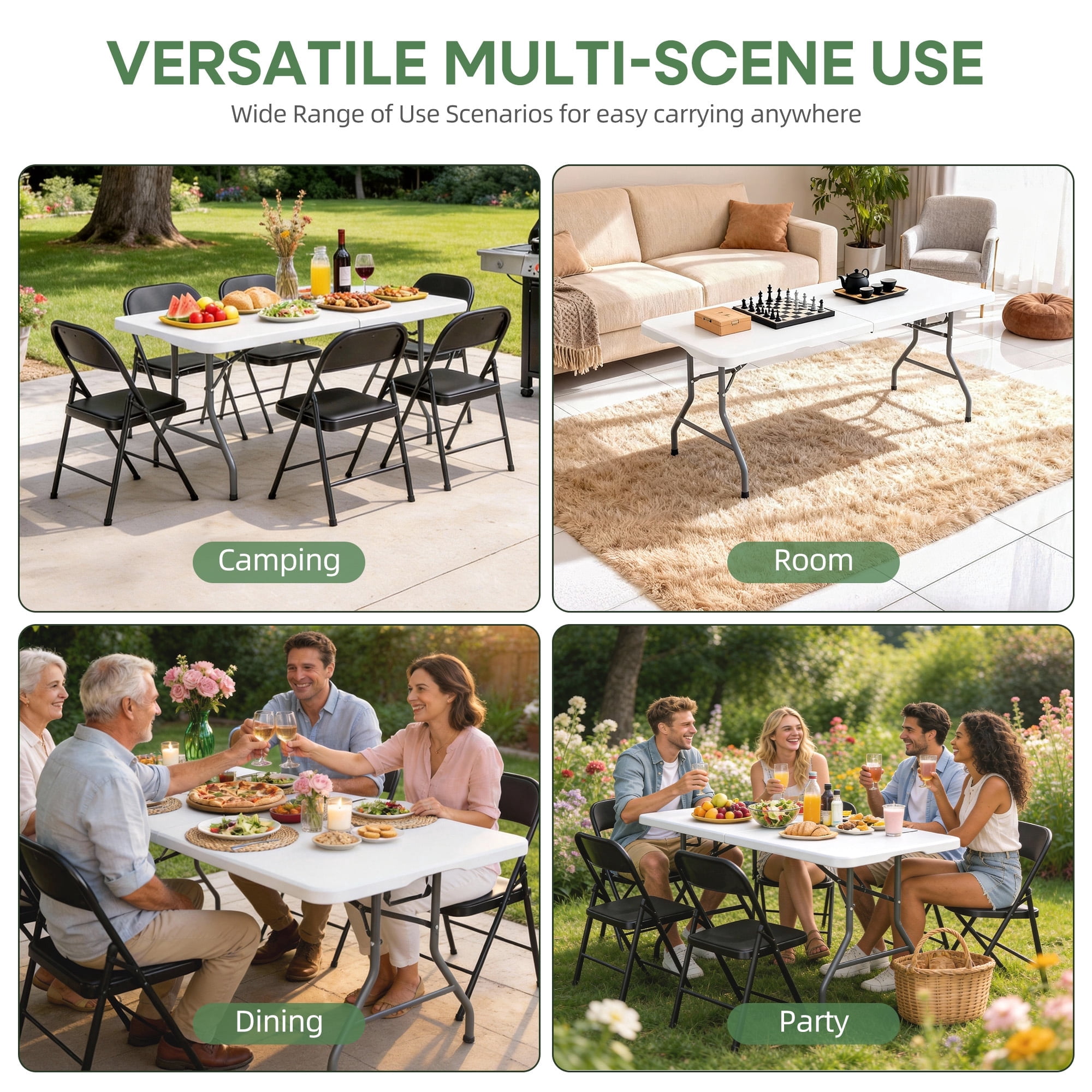 Furnibear 6FT Folding Table,Indoor Outdoor Portable Fold-in-Half Table with Carrying Handle for Picnic Party Camping,White