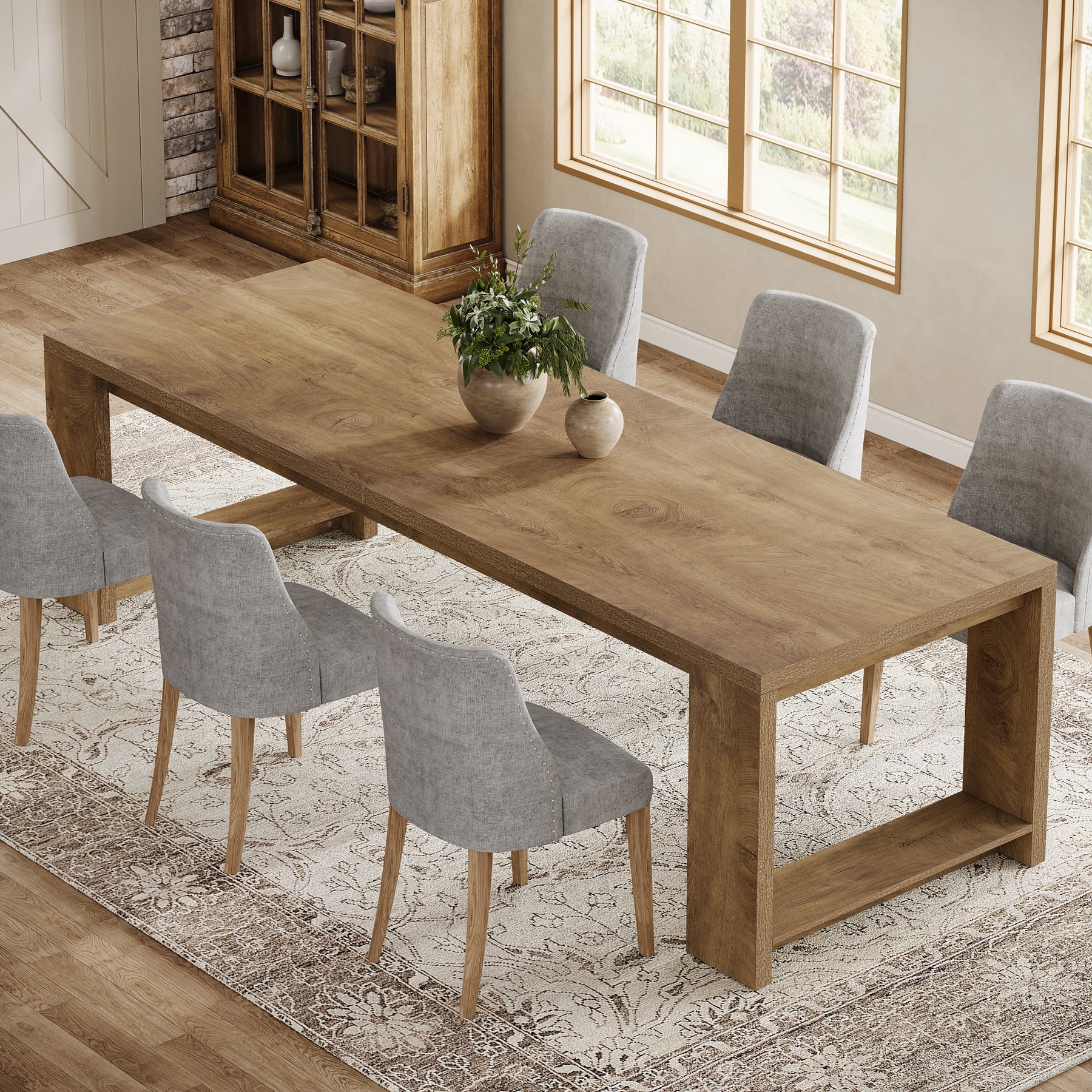 Tribesigns 86.61-inch Dining Table for 6-8, Farmhouse Narrow Kitchen Table with Wood Pedestal Base, Light Brown