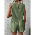 thumbnail image 6 of Womens 2 Piece Summer Linen Outfits Short Sets Round Neck Sleeveless Tank Top Elastic High Waisted Shorts  Green S, 6 of 8