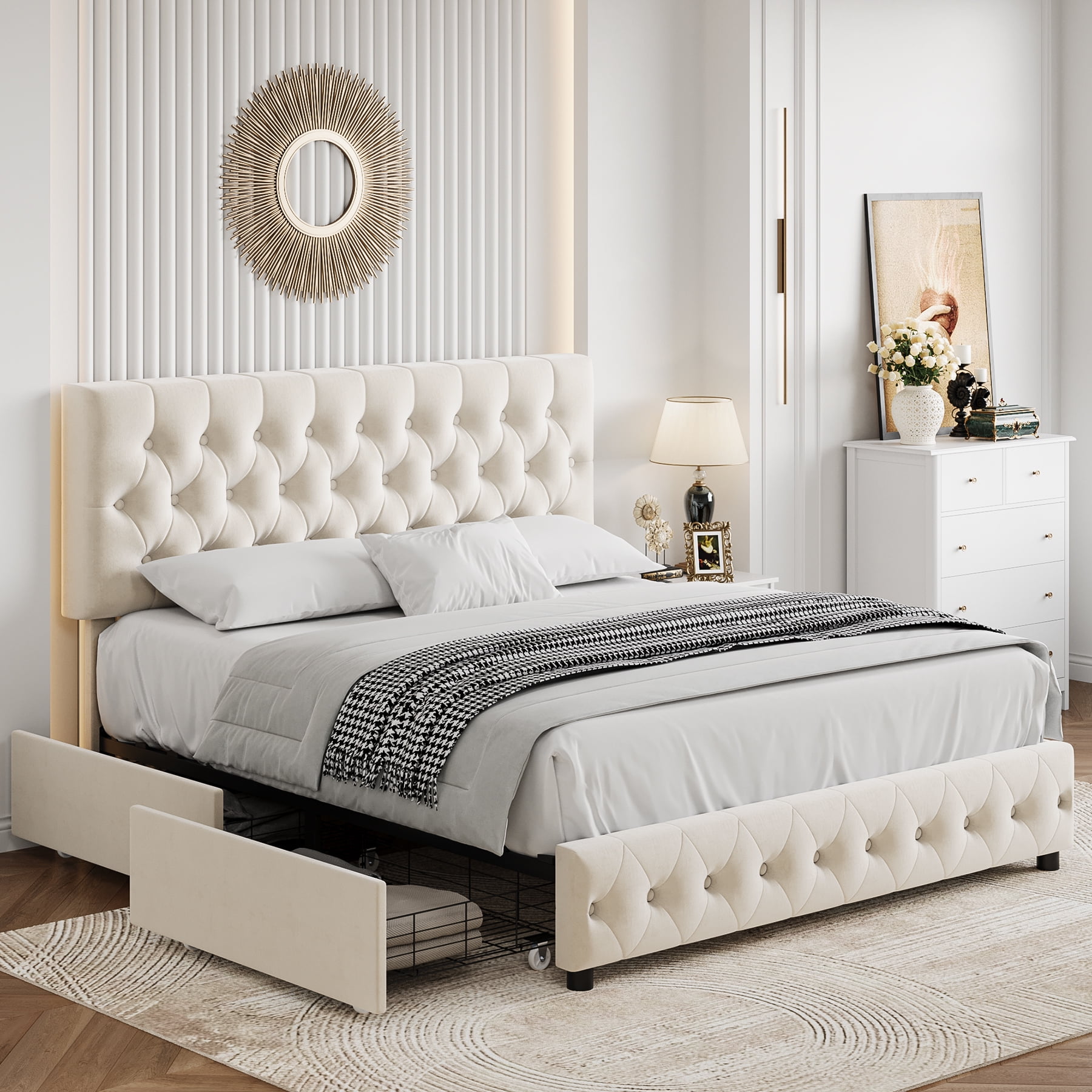 Homfa Queen Size Storage Bed, Velvet Platform Bed Frame with 4 Drawers