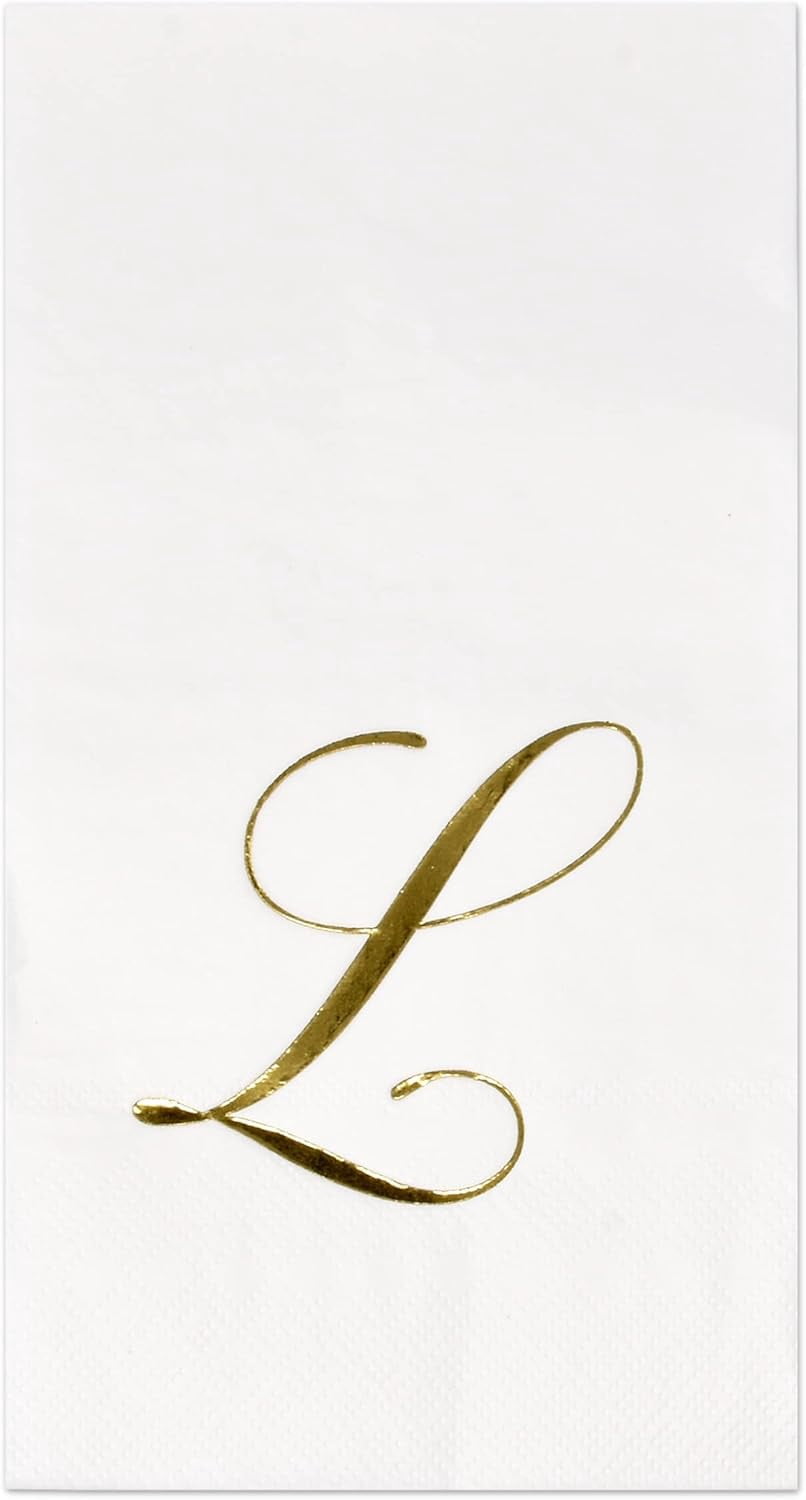 Gift Boutique Gold Monogram Guest Napkins Letter L, 100 Count 2-Ply Disposable Paper Napkins, White & Metallic Foil, 15 x 12.75 Inches