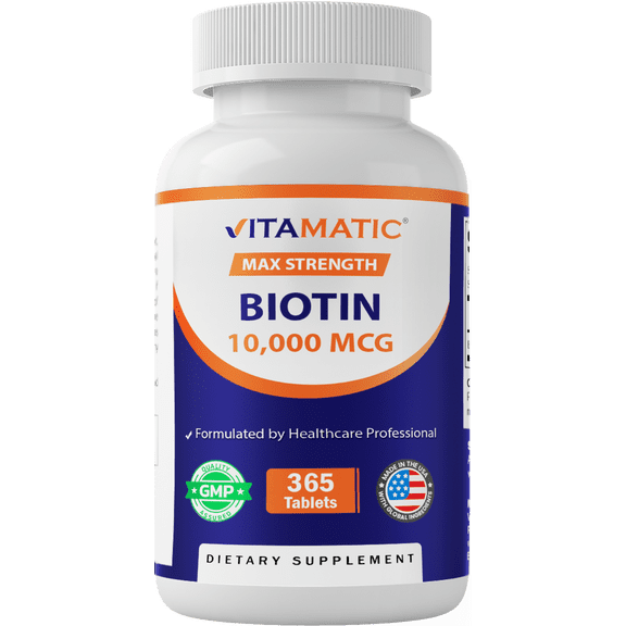 Vitamatic Biotin 10,000 mcg for Stronger Hair, Skin & Nails - 365 Vegan Tablets- Also Called Vitamin B7