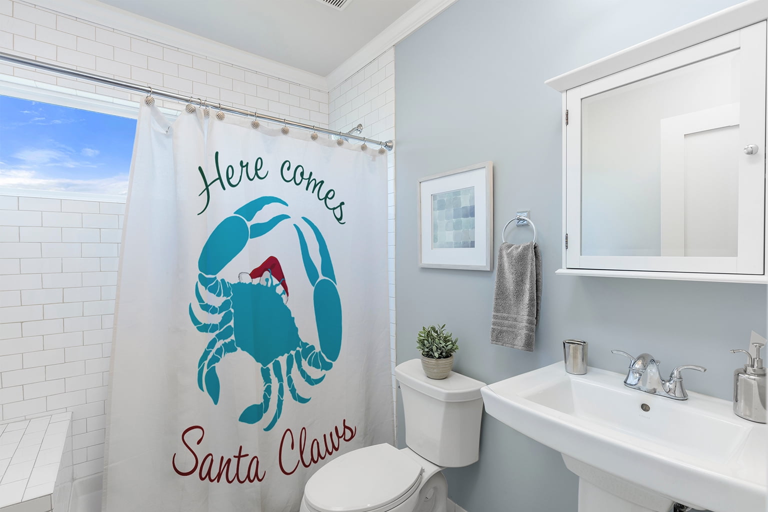 Simply Daisy 70" W x 73" L Santa Claws Crab Polyester Shower Curtain, Turquoise [1 Ct]