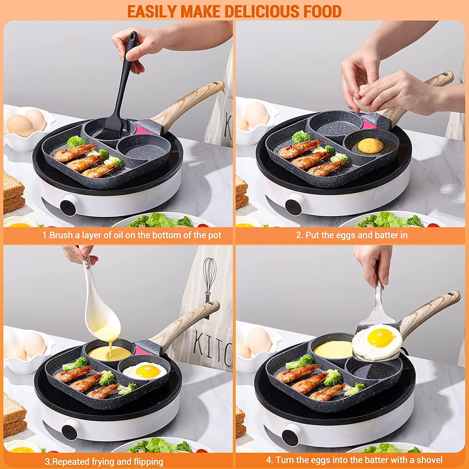 Bullpiano Egg Frying Pan - 3 Section Square Grill Pan Divided Frying Pan  for Breakfast, Burgers and Bacon,Suitable for Gas Stove & Induction Cooker,  Safe 