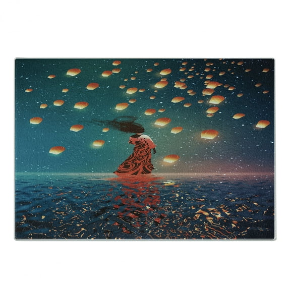 Fantasy Cutting Board, Sorcerer Woman with Red Dress Standing on Water with Lanterns on Air Fantasy Art, Decorative Tempered Glass Cutting and Serving Board, Small Size, Navy Blue, by Ambesonne