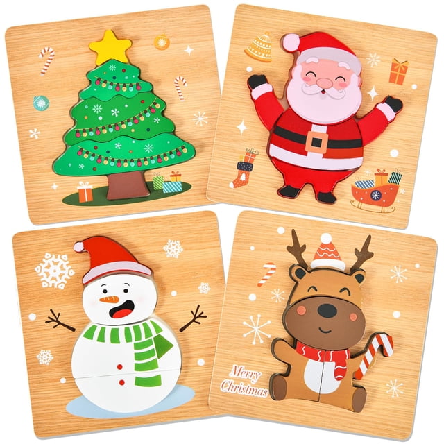 Paquete de 4 rompecabezas navideños de madera, juguetes YBSOP para niños pequeños
