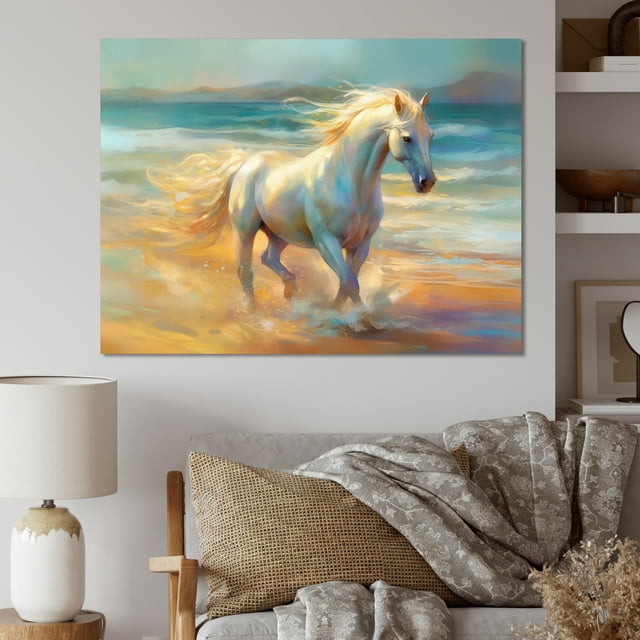 Designart art Mural Moderne en Toile Crème, Décor Mural Cheval Animal, Cheval de Plage, 40x30 Pouces