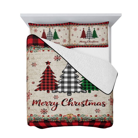 Twin Quilt Bedding Set, Merry Christmas Words Soft Microfiber Summer Bedspread Coverlet with 2 Pillow Shams for All Season, Red Green White Xmas Trees Breathable Bedding Set for Hot Sleepers