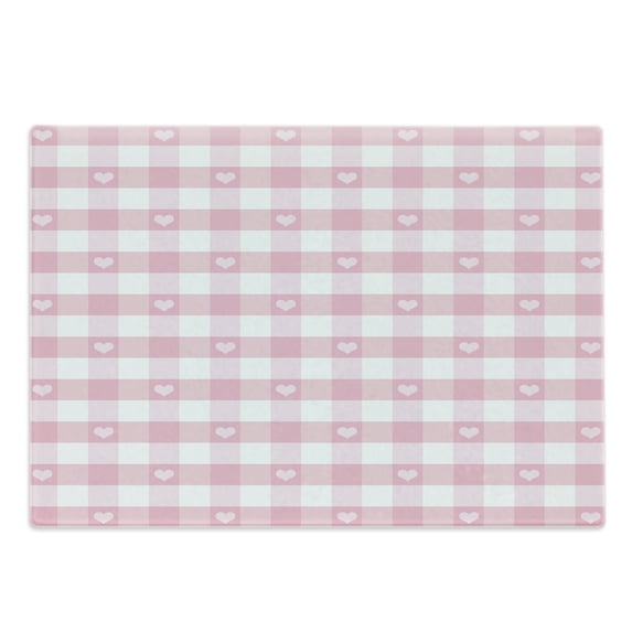 Checkered Cutting Board, Romantic Pattern with Little Hearts Girlish Design, Decorative Tempered Glass Cutting and Serving Board, Large Size, Pale Pink White, by Ambesonne