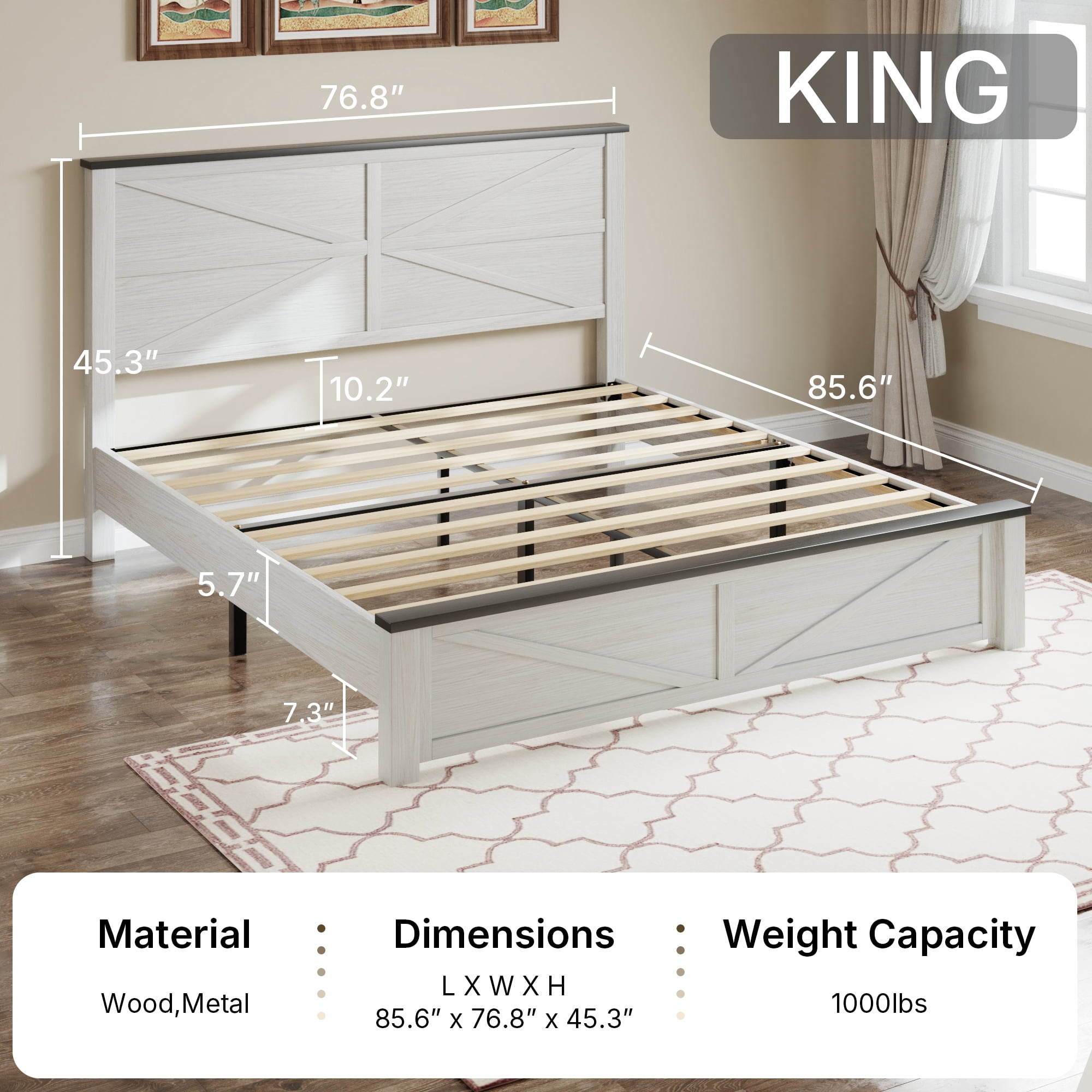 BSHTI King Bed Frame with Wooden Headboard, Country and Farmhouse Style, White