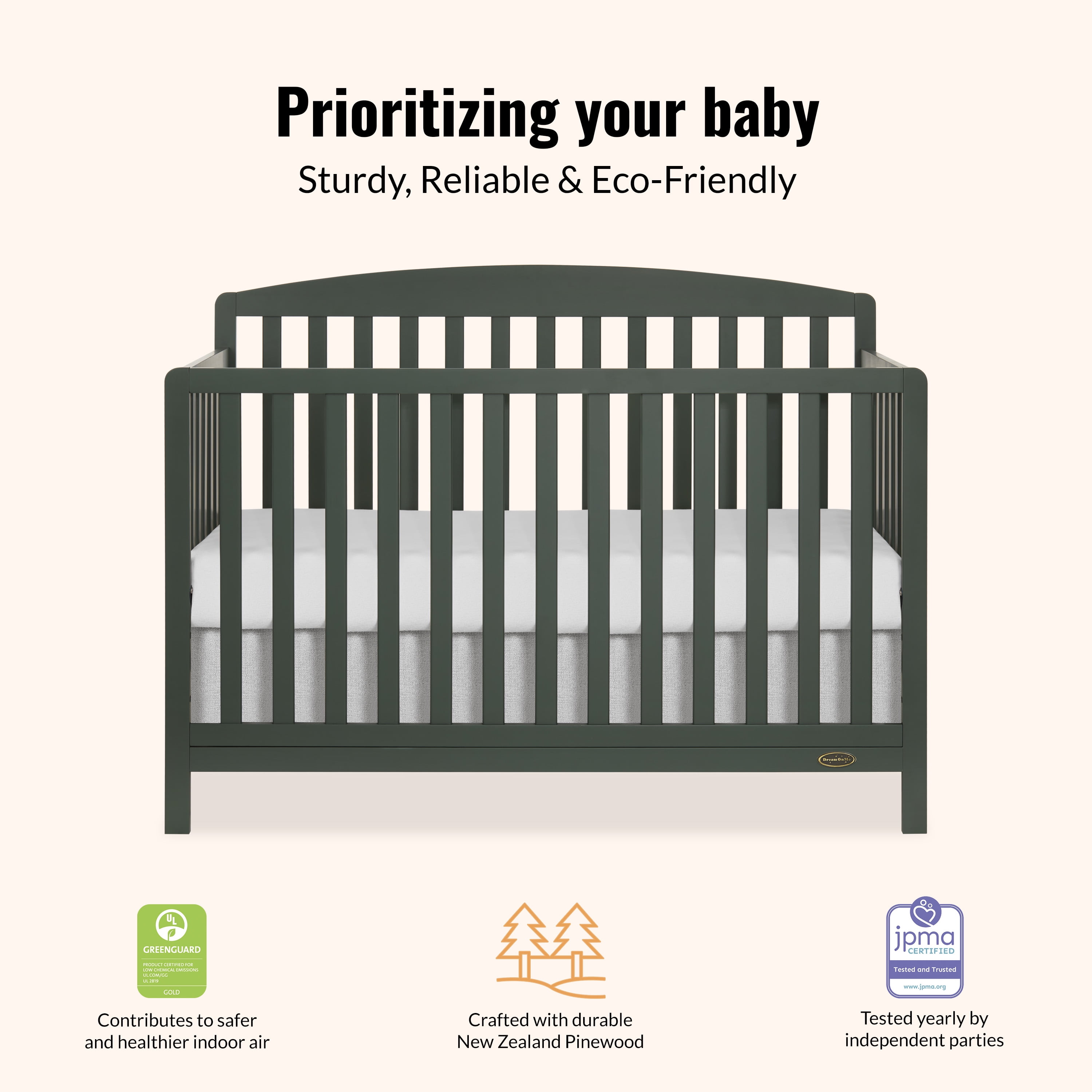 Dream On Me Odelle 5-in-1 Convertible Crib, Converts from Baby Crib to Toddler Bed, Day Bed, Kids Bed and Full Size Bed, Three Adjustable Mattress Height Positions, Forest Green