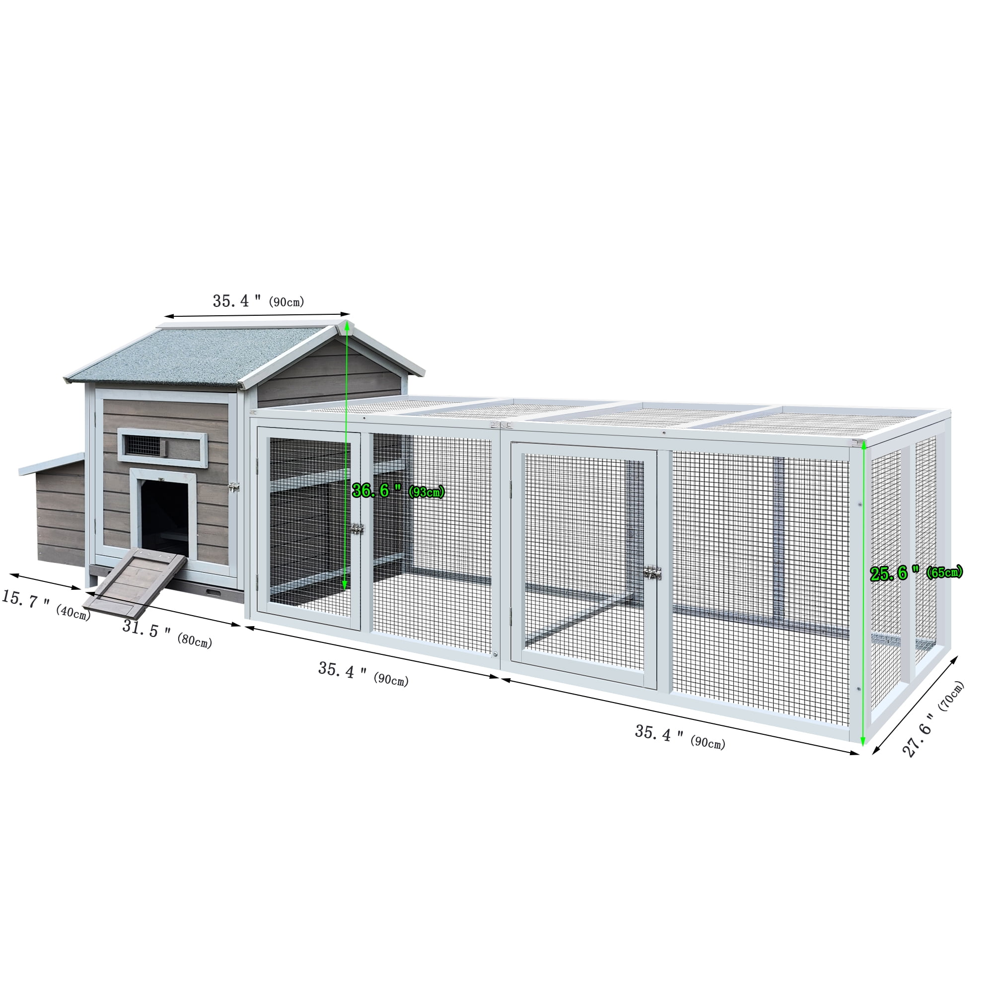 Pefilos 118" Chicken Coop for Outdoor with Ramp, Wood Hen House with Free-range Doors, Nesting Box, Leakproof Pull-on Tray, Large Bunny Poultry Cage, Gray