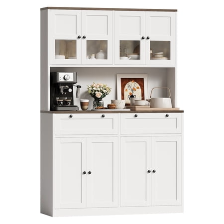COZONY 71 Tall Kitchen Pantry Cabinet with Microwave Stand Glass Door Hutch with 2 Drawers & Adjustable Shelves Large Food Storage Cupboard for Dining Room & Kitchen White