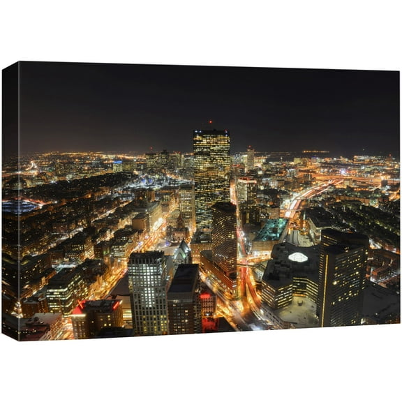 wall26 Canvas Print Wall Art Boston, Massachusetts Bay Night Skyline Architecture & Maps Cityscape Photography Realism Global Scenic Colorful Multicolor for Living Room, Bedroom, Office - 16&quot
