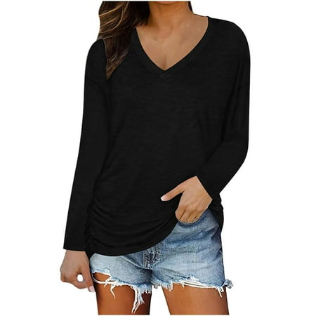 

Woman V-Neck Long Sleeve T-Shirt Autumn Solid Loose Blouse Tops