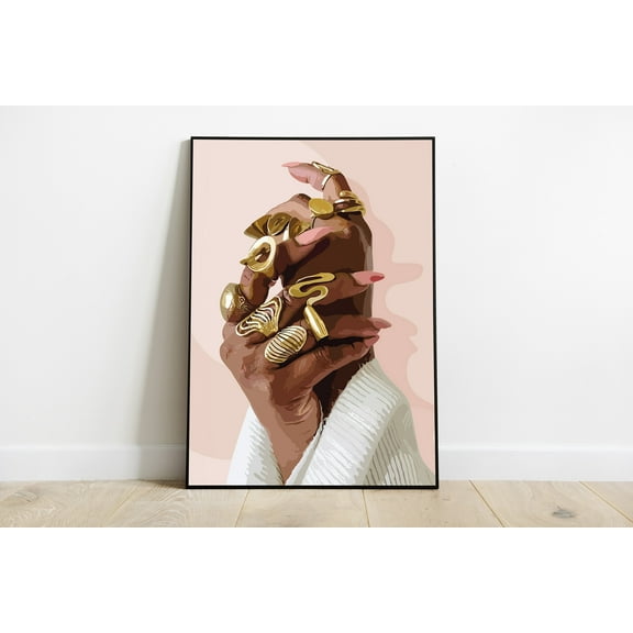 ValCoPo Black art, Melanin Hand with Gold Rings Wall Art | Afrocentric Jewelry Print | Boho Black Woman Decor | Glam Hand Poster |