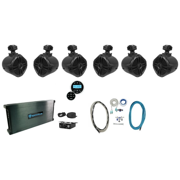 (6) Rockville RWB70B Black 6.5" Marine Wakeboard Swivel Speakers Amp Receiver