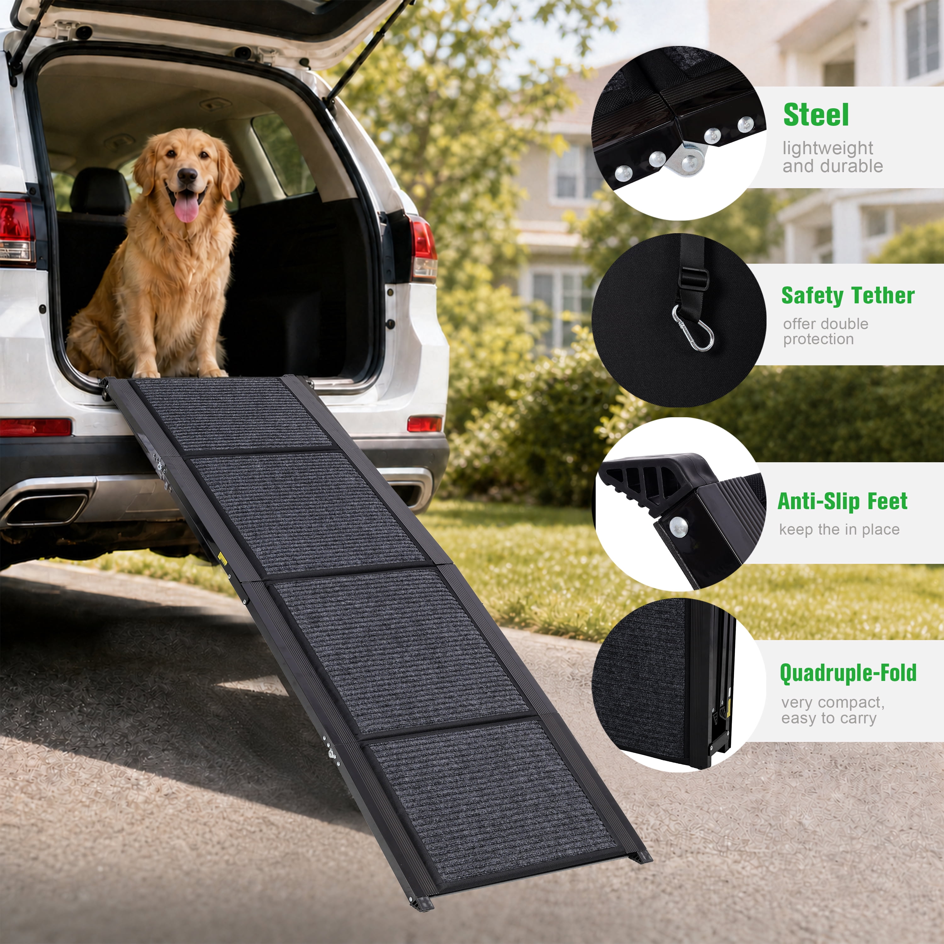 Quad Fold Dog Ramp for SUVs Trucks, 62.3" Extra Wide Non-Slip Felt Surface, Aluminum Alloy Frame Supports 150 LBS, Portable Pet Ramp for Medium Large Dogs