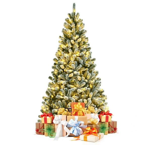 Gymax 7 FT Pre-lit Artificial Christmas Tree Snow Flocked Full Xmas Tree