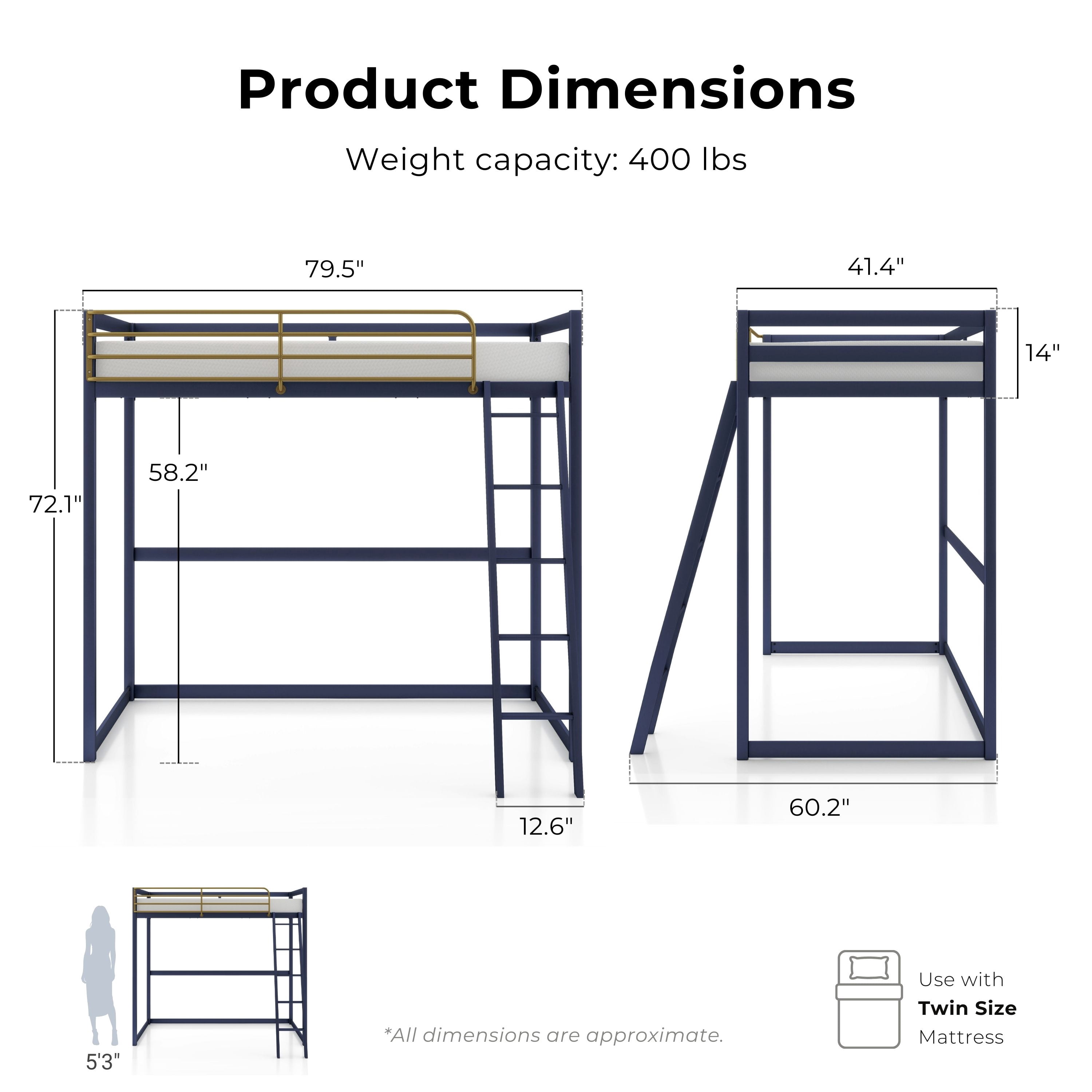 Furniture of America Two-Tone Kids Metal Twin Loft Bed with Guardrails, Blue and Gold