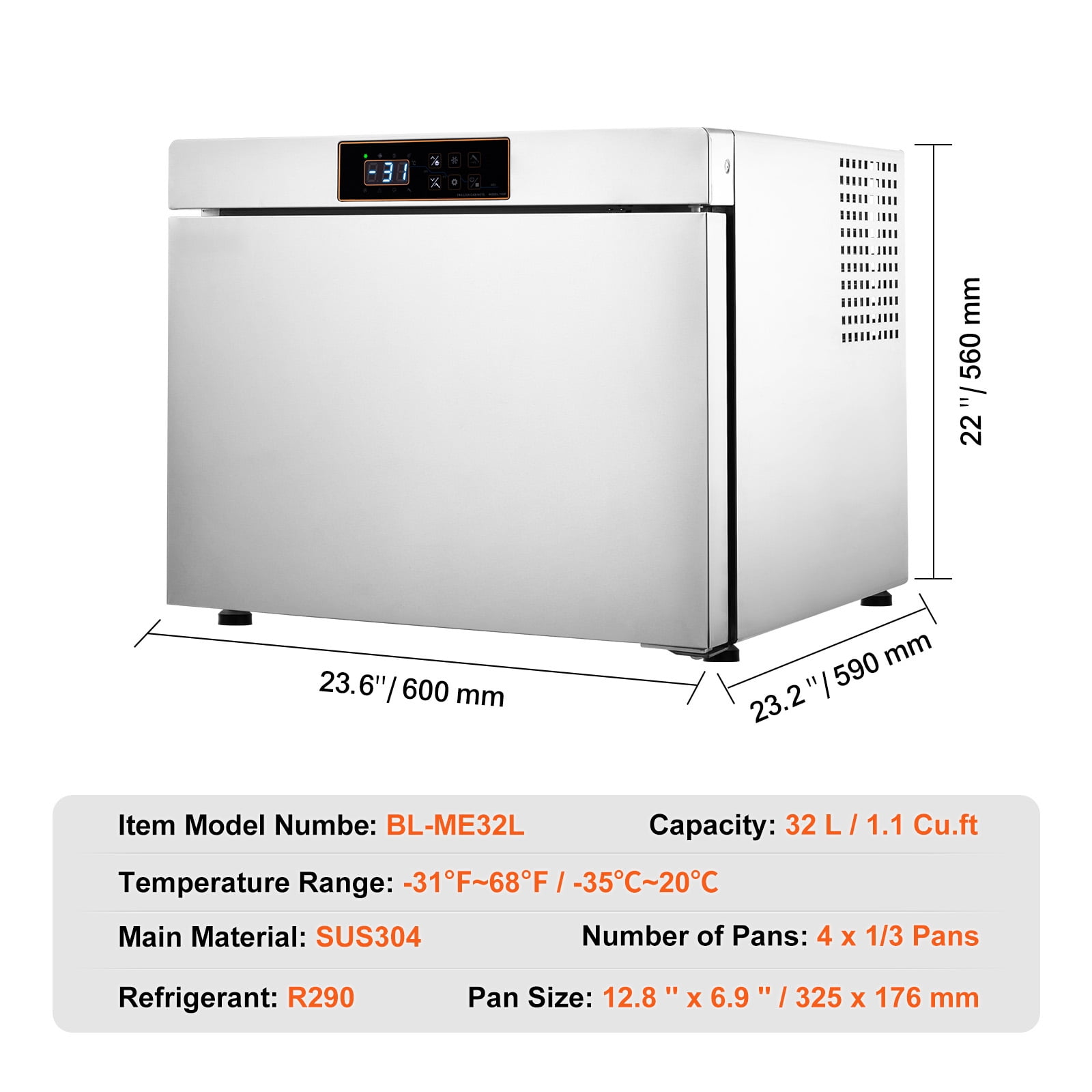 KFFKFF Commercial Blast Freezer, 32 L / 1.1 Cu.ft Capacity with 4 1/3 Trays, Food Freezer Chest Featuring Cooling and Freezing Functions, Stainless Steel Design for Restaurants and Seafood Storage