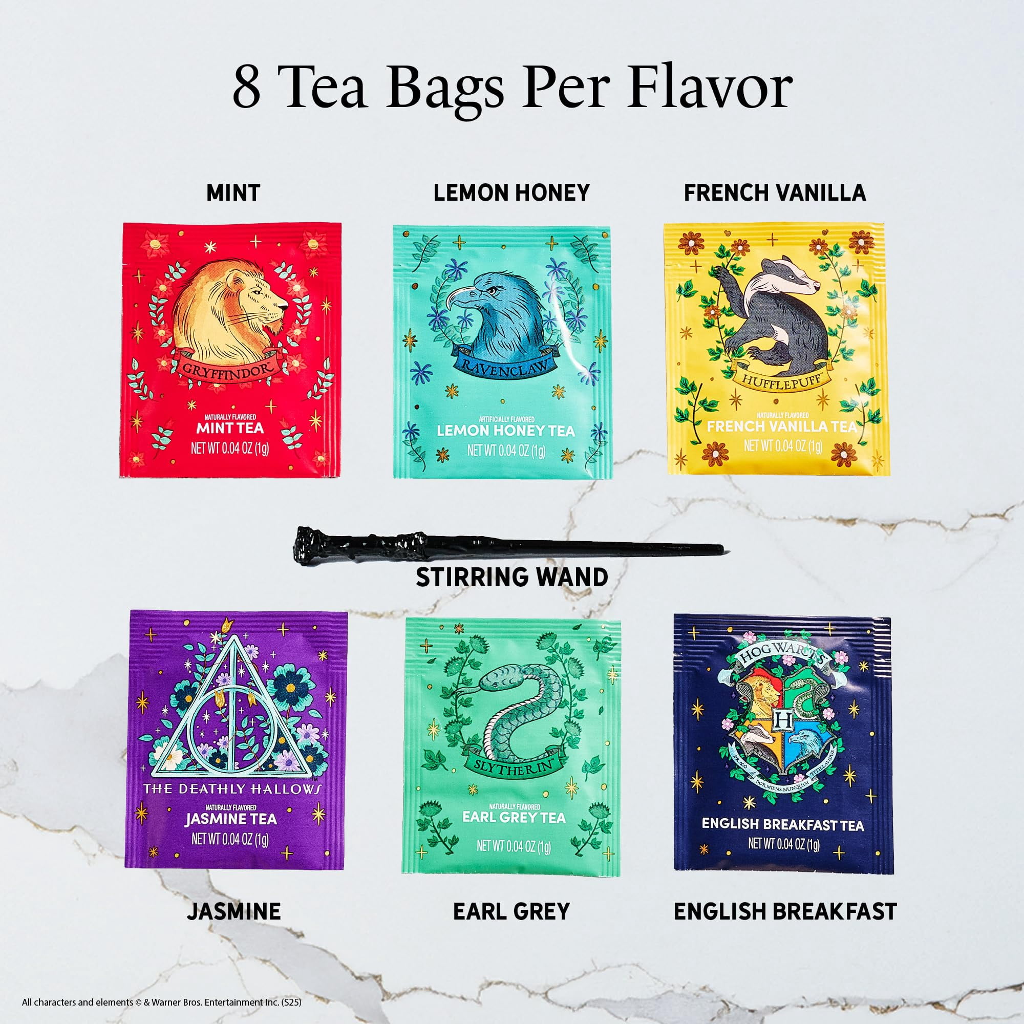 Thoughtfully HARRY POTTER Tea Assortment Gift Set, Includes Stir Wand and 48 Black and Green Tea Bags in 6 Flavors